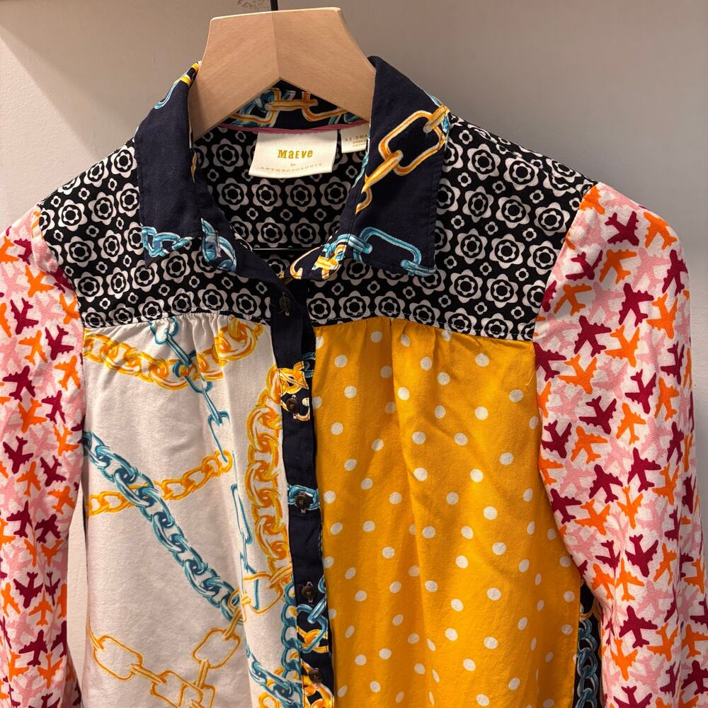 Anthropologie Maeve "The Paz" Mixed Print Patchwork Buttondown Shirt- size XXS
